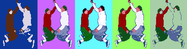 [5 images of Dan jumping, slapping himself high-5 on various colored backgrounds]